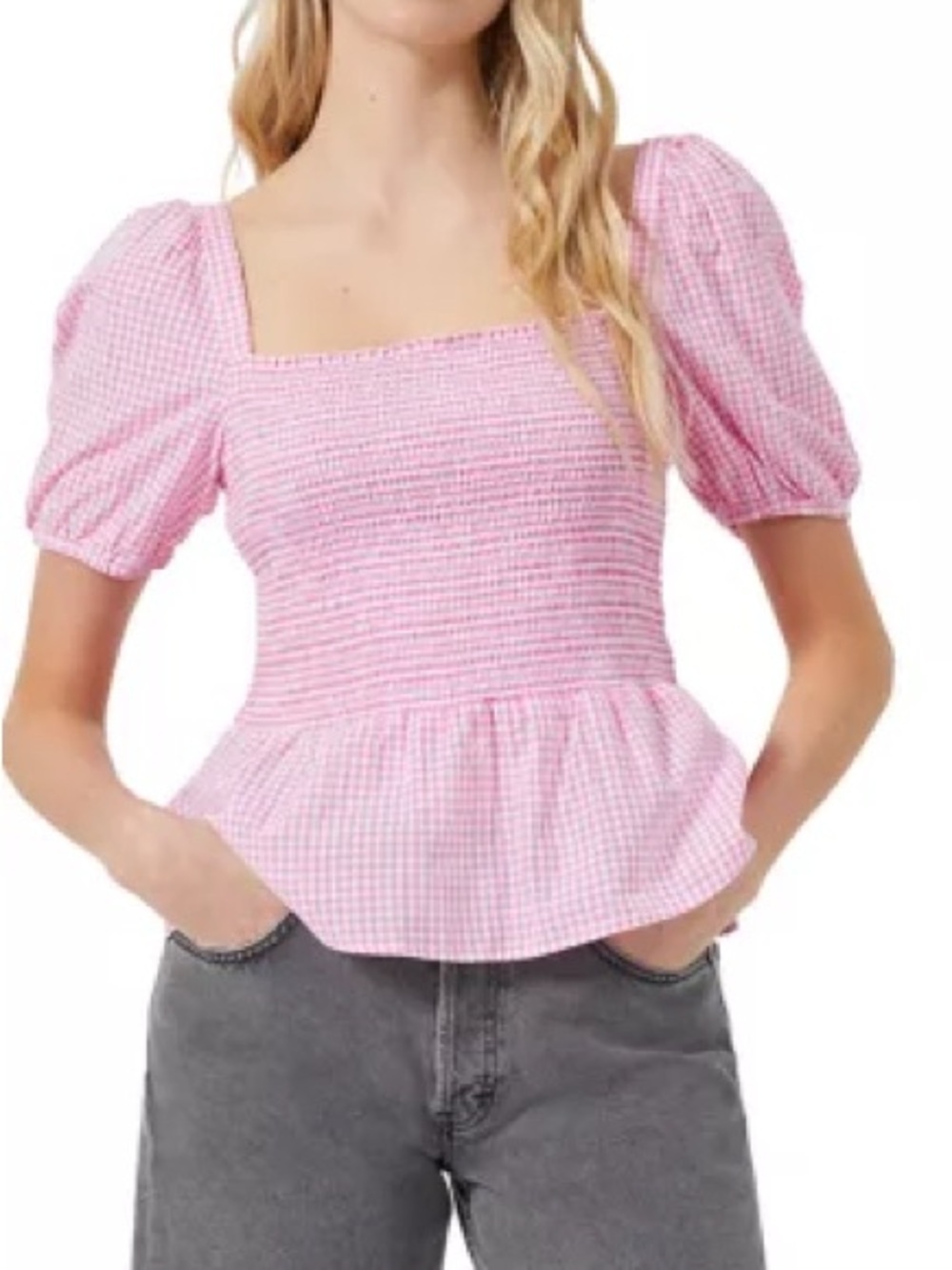 FRENCH CONNECTION
Artina Gingham  Top Smocked Square-Neck Peplum Top - Pink